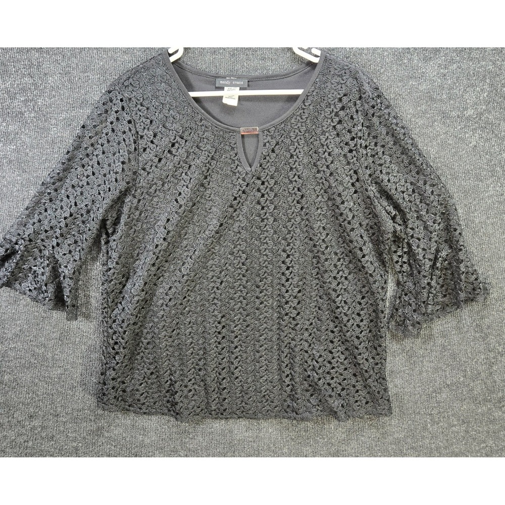 Black Crochet Lace Bell Sleeve Keyhole Top Lined Plus Size 2X